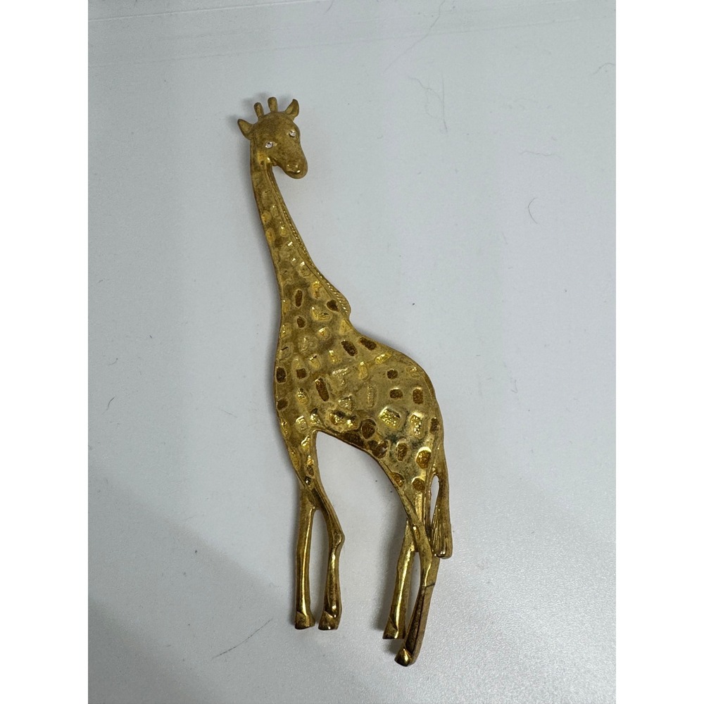 Vintage Gold Tone Giraffe Brooch Rhinestone Eye Textured Safari‎ Animal Pin